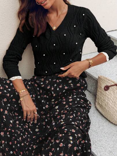 Bequemer und atmungsaktiver Damen Strickpullover mit Spitzen von Aphrodite™.
