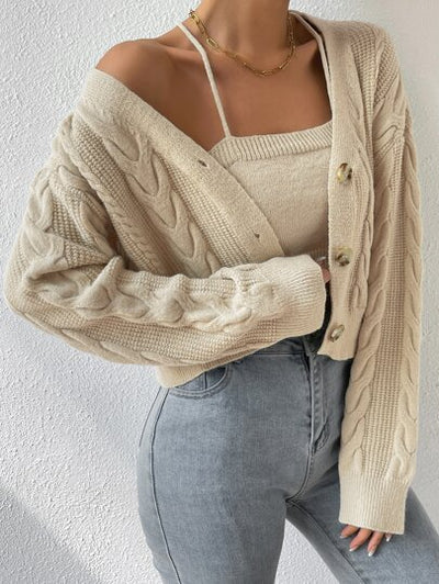 Damen gestrickte Strickjacke mit Zopfmuster und Drop-Schultern