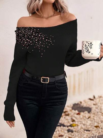 Aphrodite™ hochwertiger Off-Shoulder-Pullover mit schickem Perlendesign.
